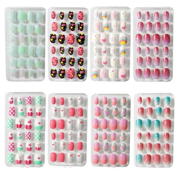 

24Pcs Press on Children Candy False Nail Tips Cartoon Full Cover Kid Pink Fake Nail Art for Little Girls Manicure Tool