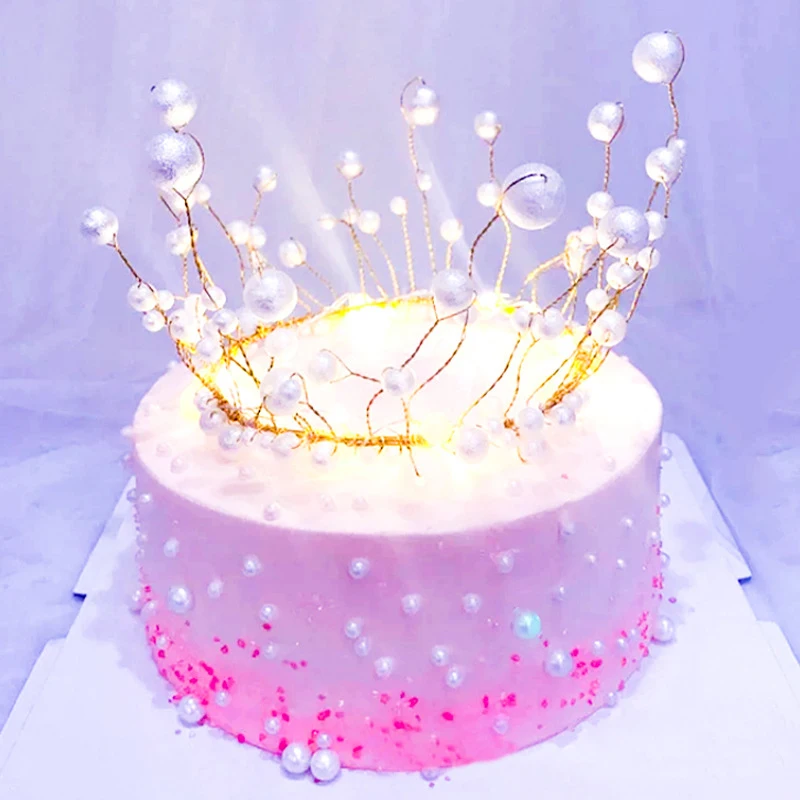 Wedding Headdress Birthday Shiny Cake Decor Cake Topper Crown Engagement Princess Pearl Artificial Pearls Happy Birthday Metal