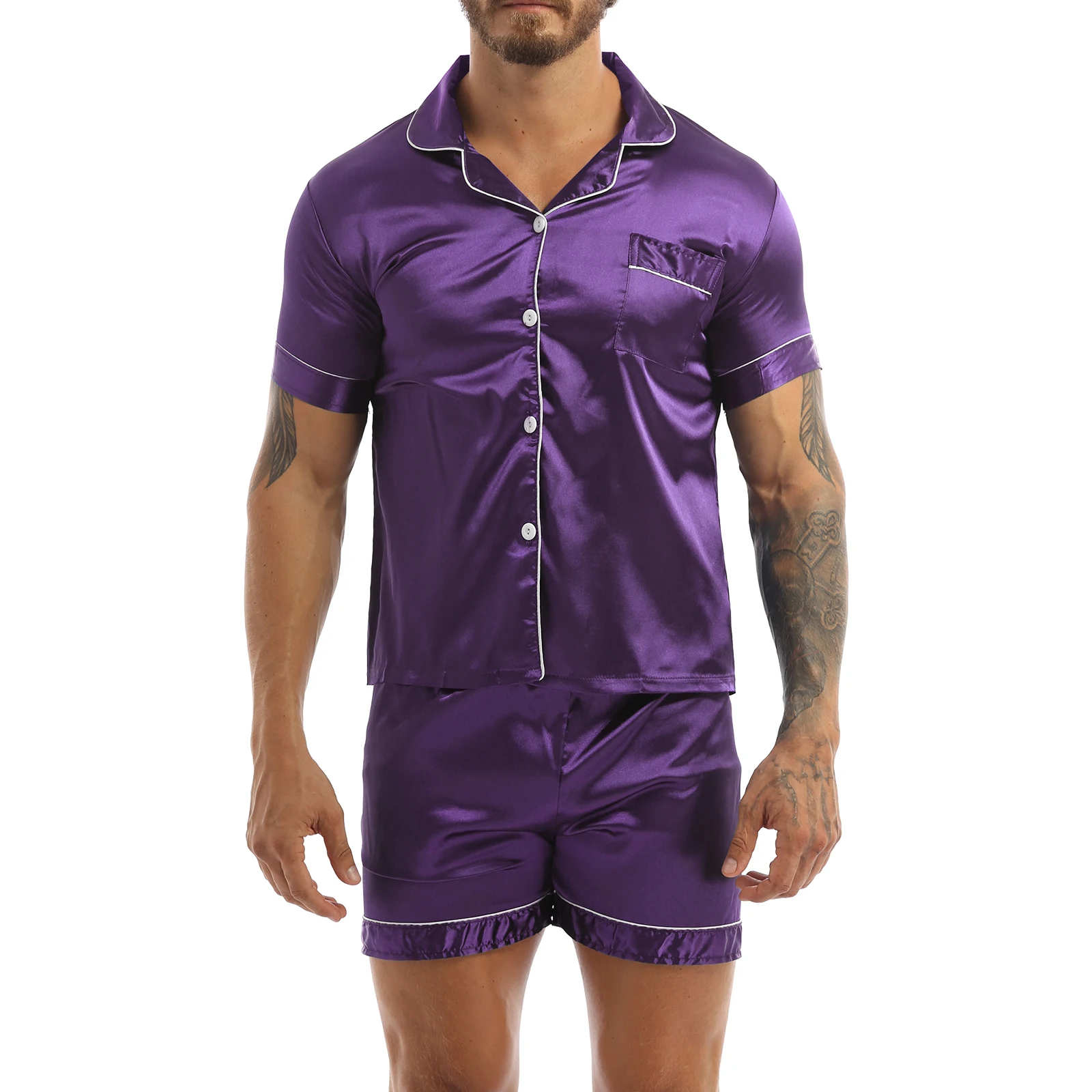 Fashion Mens Silky Satin Pajamas Set Solid Color Short Sleeves Button T-Shirt Tops with Elastic Waistband Boxer Shorts Sleepwear mens pjs sale Men's Sleep & Lounge