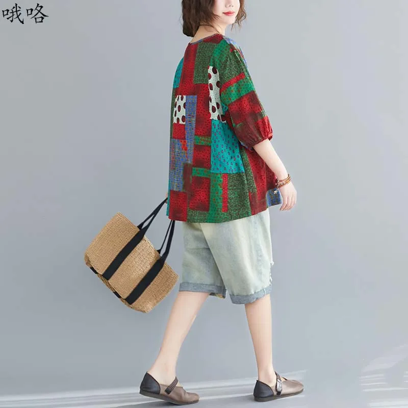 

New Women Retro Cotton Linen T Shirt 2020 Summer Plus Size Art Color Print T-Shirt Oversize Harajuku T Shirt Female 3XL 4XL 5XL