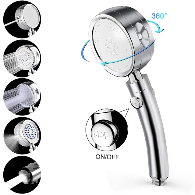 Handheld Shower Head High Pressure 5 Function Adjustable Bath Shower Jets with On/Off Pause Switch Removable Filter with Hose 1