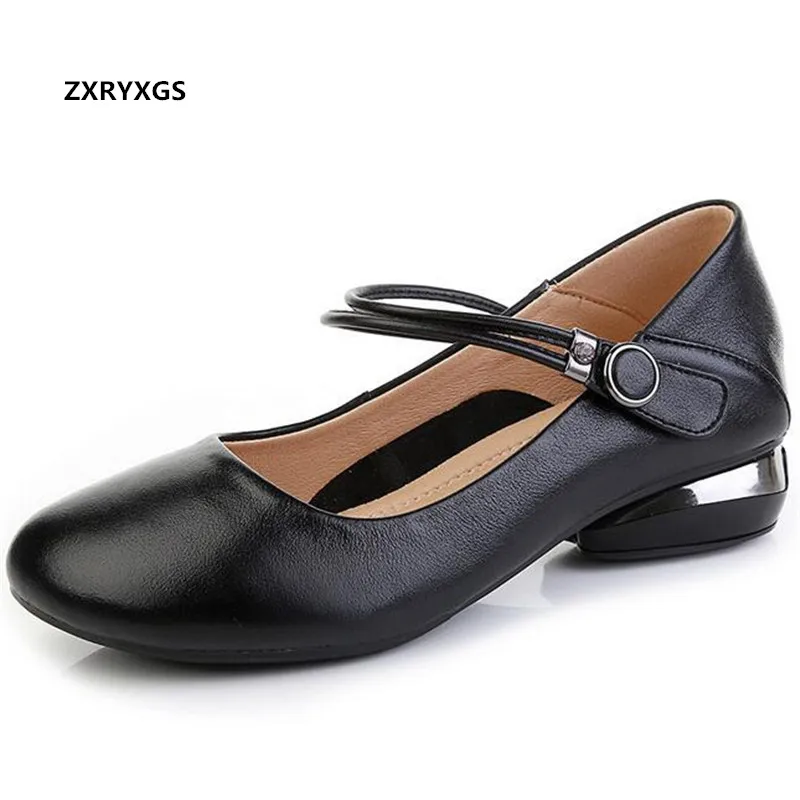 

ZXRYXGS 2021 New Fashion Women Genuine Leather Shoes Thick Heels Shallow Soft Sole Comfortable Shoes Big Size Trendy Shoes