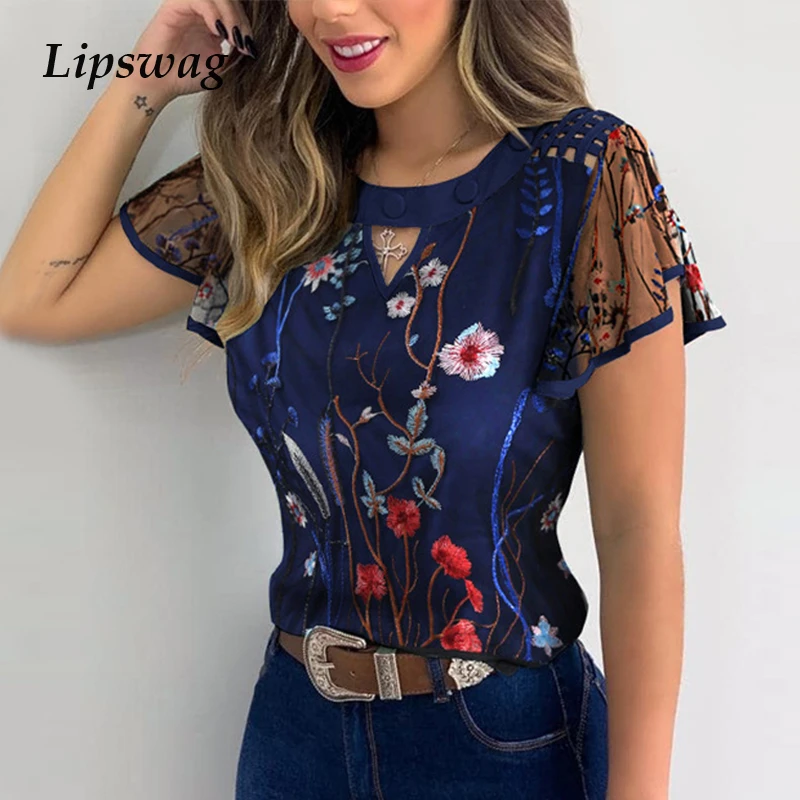 Blusa informal de con manga corta verano, camisa elegante con estampado de mariposa y Margarita, con y cuello redondo|Blusas y camisas| AliExpress