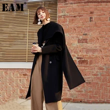 [EAM] свободное Черное длинное пальто большого размера с шарфом, шерстяное пальто, парки, новинка, длинный рукав, женская мода, Осень-зима, 1H831