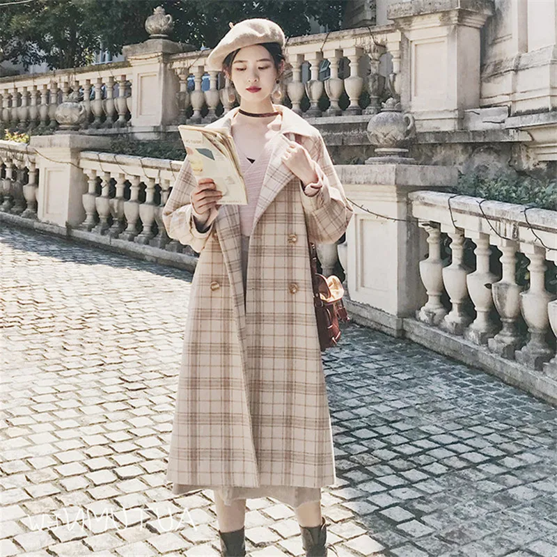 

2019 Fashion Woolen Coat Female Casual Plaid Windbreaker Overcoats Autumn Winter Women's Double-breasted Wool Jackets XA245
