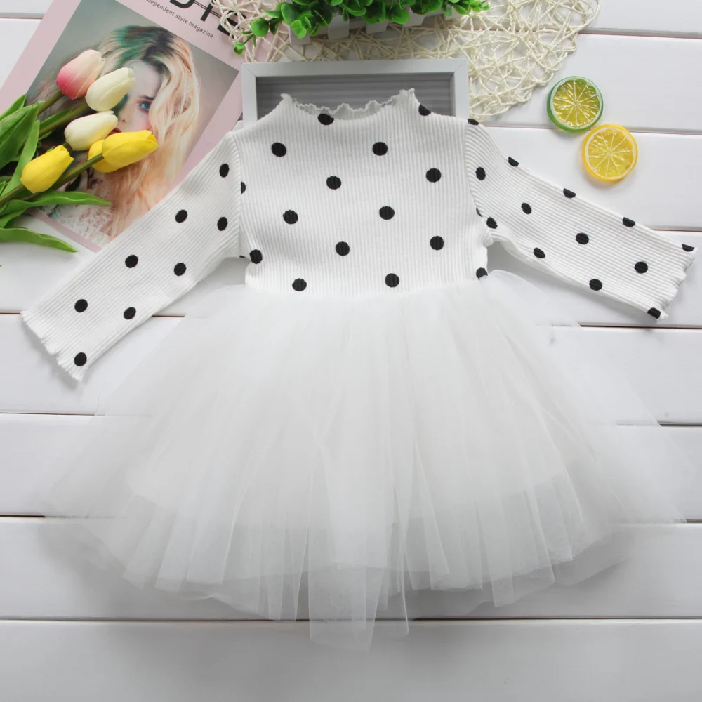 Бальное платье-пачка с длинными рукавами для маленьких девочек детское платье с бантом для младенцев платья для маленьких девочек одежда в горошек вечерние платье для новорожденной
