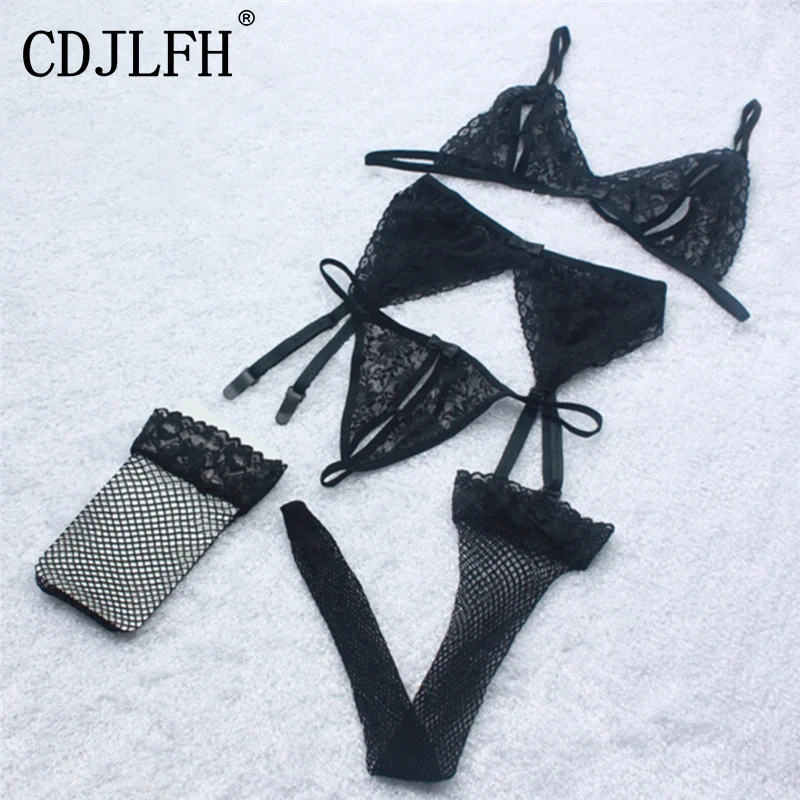  Sexy Lingerie Sets Femme Bra And Panty Set 4pcs Bras G-String Net Socks Lace Sling Transparent Push