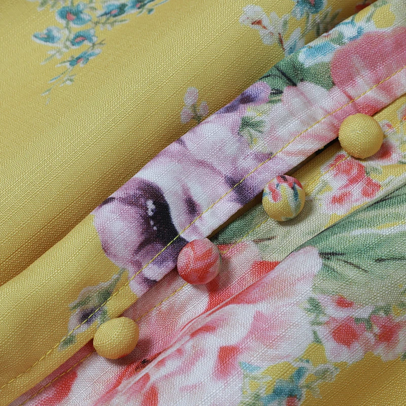 SEQINYY Bohemia Dress Spring Autumn New Fashion Design Women Long Sleeve Buttons Flowers Print Yellow Long Dress Casual