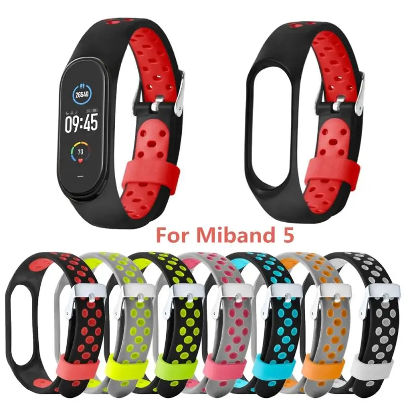 Силиконовый ремешок для Mi band 5 дышащая пряжка с отверстием двухцветная сменная