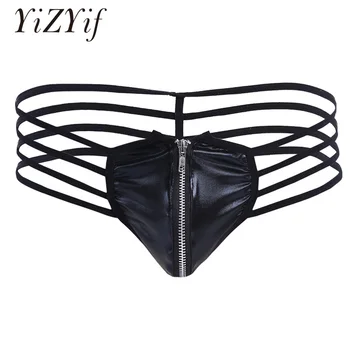 

Underwear Men Lingerie bikini thongs Patent Leather Strappy Zippered G-string thong Bikini Underwear Underpants with Bulge Pouch