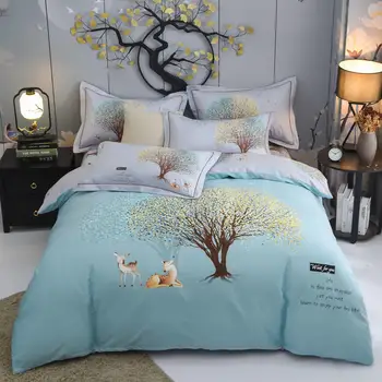 

2020 Fawns under the acacia tree Bedding sets Wishing tree Bed set Cotton Bedding Sky blue Bed linen Sheet Single/Double bed