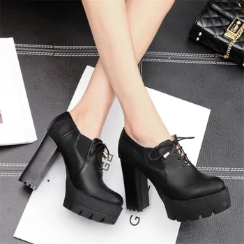 

College Platform Women's Shoes Retro Lace Up Lady Thick High-heeled Pump Shoes Big Size 43 British White Black Pumps Women Shoes