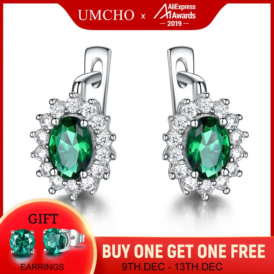 Cheap UMCHO 925 Sterling Silver Earrings Gemstone Created Emerald Clip Earrings For Female Birthday Anniversary Gifts Fine Jewelry