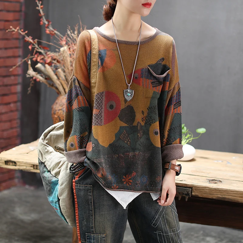 Coffee new printed cotton and linen patchwork round collar sweater loose women's coat autumn wear short sweater A0BZ4