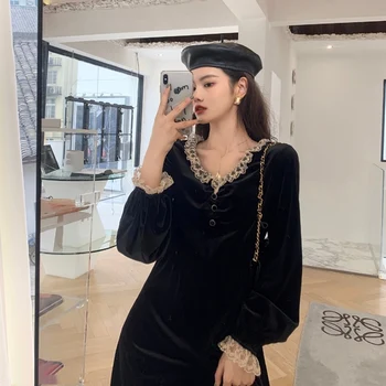 

Retro French Dress 2020 Women New Spring And Winter V-Neck Empire Waist A-Line Lantern Sleeve Mid-Calf Female Dresses
