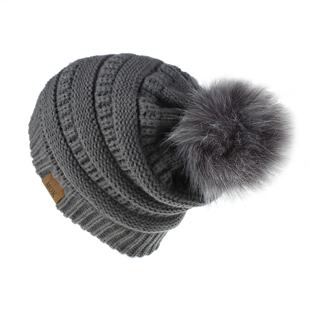Woman Winter Warm Knitted Hat with Faux Fur Pom Pom Ball Skully Beanie hats Soft Thick Female casual ski caps