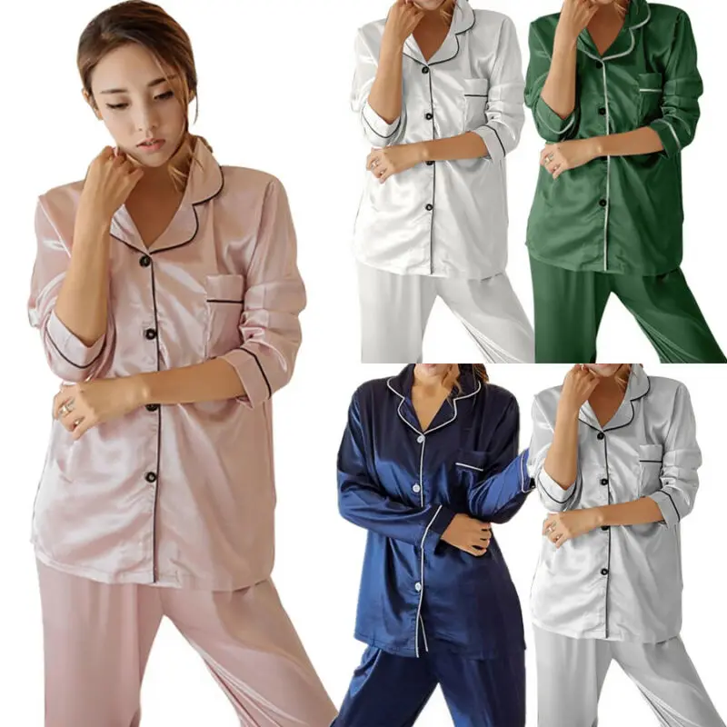 Женские шелковые атласные пижамы для девочек, пижамный комплект, одежда для сна, домашняя одежда, одноцветная удобная мягкая высококачественная одежда
