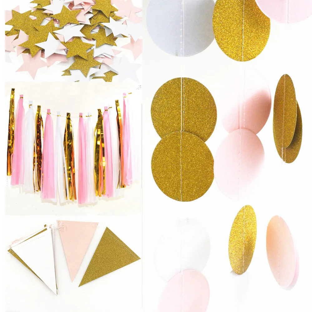 

Pink White Gold Theme party Supplies Glitter Circle Star Heart Tassel Paper Flags Garland Banner Home Party Wedding Decoration