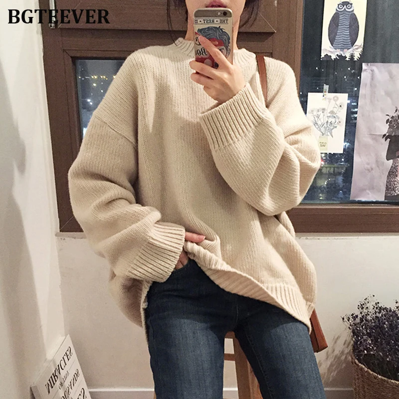 

BGTEEVER Chic Thicken O-neck Women Sweater Autumn Winter Sweater Solid Female Pullovers Jumpers Loose Knit Tops femme 2019