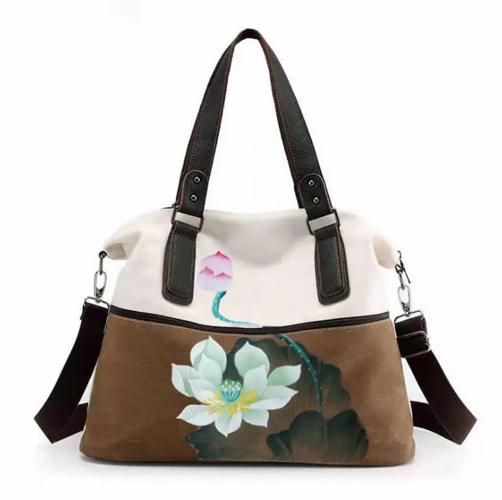 Hand painted bag national style canvas single shoulder bag slant straddle bag creative retro women's bag versatile new fashion h - Цвет: Темный хаки