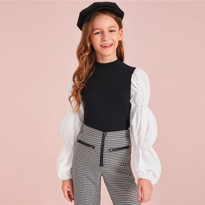 SHEIN Kiddie/черно-белый вязаный Топ в рубчик с рукавами для девочек; милый детский осенний топ со стоячим воротником; Детские повседневные футболки с цветными блоками