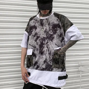 

New Fashion Summer Patchwork Cloth Tie-dye Letters Printed Half Sleeved T-shirt Men Oversize Pocket Dropped Shoulder Sleeve Tees