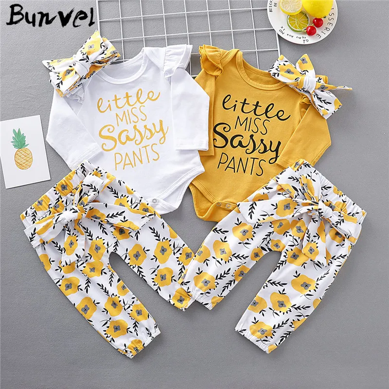 Bunvel/комплект детской одежды из 3 предметов, комплекты для детей повязка на голову для маленьких мальчиков и девочек, комбинезон с надписью, штаны с цветочным рисунком, комплект одежды f