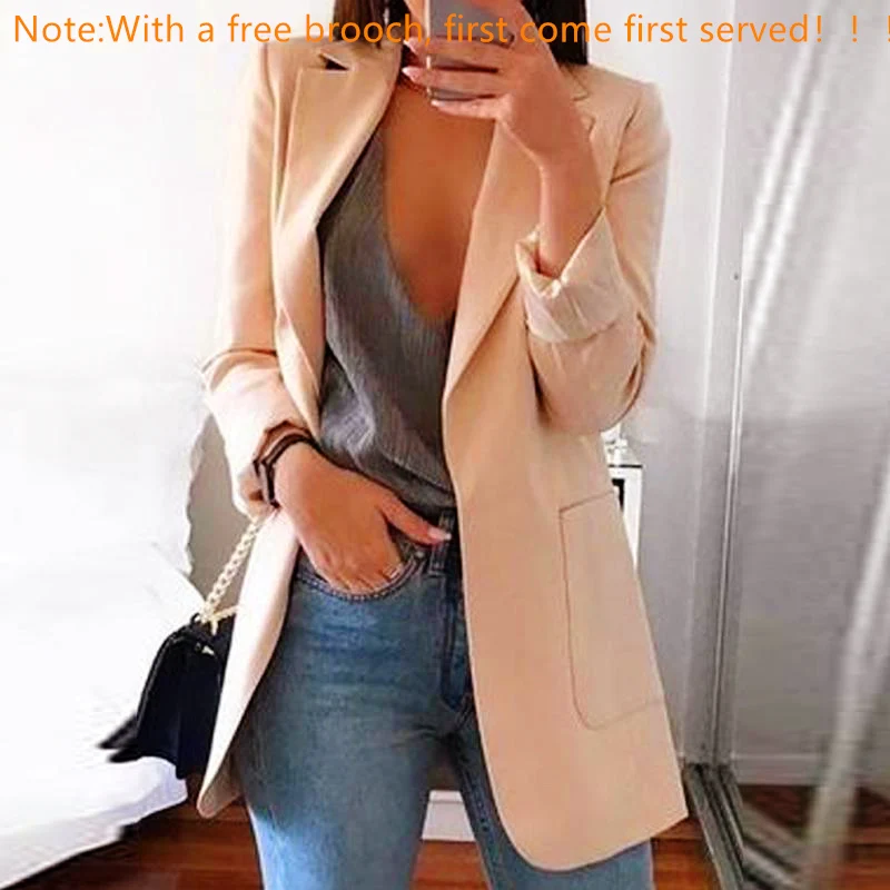 

2019 Autumn Women Slim Blazers Jacket Work Office Lady Tops Khaki Pockets Casual Notched Blazer Coat Fashion Female