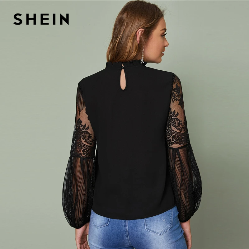 SHEIN Черная кружевная прозрачная Элегантная блузка с оборками на шее, Топ для женщин, весна-осень, топы и блузки с рукавом-стойкой