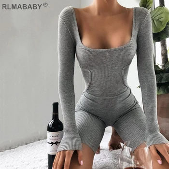 

RLMABABY Sexy Women Cotton Playsuit Jumpsuit U Neck Bodycon Romper Overalls Skinny Fitness Sport Wear Ladies Knit Rib Playsuit