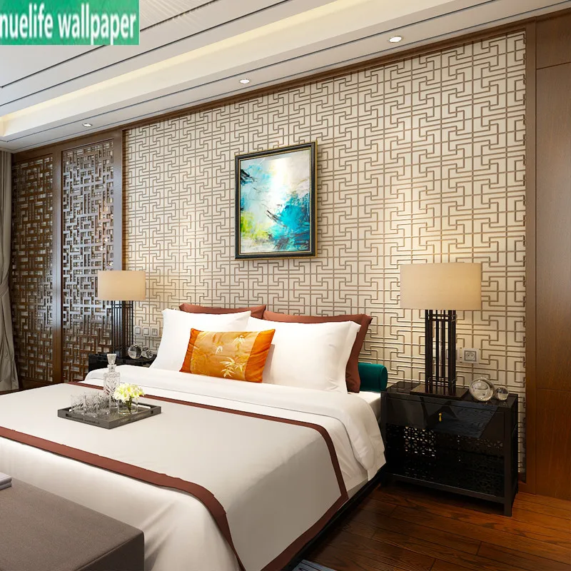 

Modern Chinese style non-woven wallpaper living room TV sofa wall gray 3D three-dimensional lattice bedroom classical wallpaper