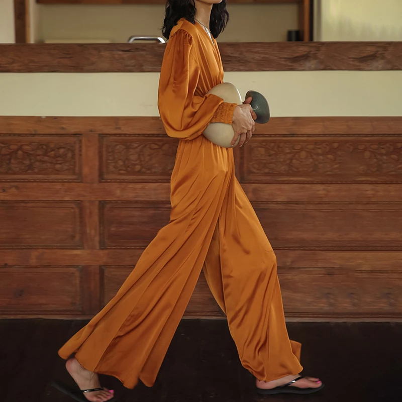 GALCAUR Vintage Ruched Jumpsuit Female V Neck Lantern Sleeve Large Size Loose Wide Leg Jumpsuits Women 2020 Fashion New Clothes (5).jpg