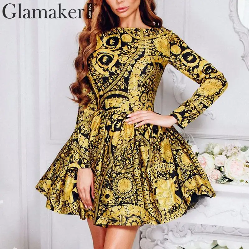 Золотой Glamaker, винтажное короткое платье с принтом пейсли, ТРАПЕЦИЕВИДНОЕ, с длинным рукавом, золотое, элегантное, ретро платье, весенние, сексуальные, вечерние, Клубные, мини-платья для женщин - Цвет: Золотой