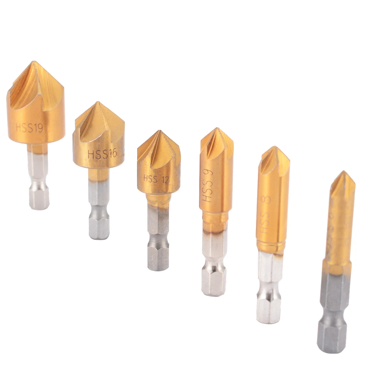 1/4" Hex Shank 6Pcs 6mm-19mm HSS 90 Degree Countersink Bore Set for Wood Plastic Tools Set Countersink Drill Bit Tool