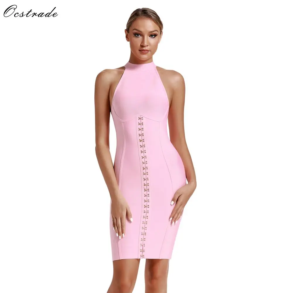 Ocstrade Rayon Bandage Dresses New Arrivals Women Sexy Sweet Pink Bandage Dress Bodycon Night Club Party Dress