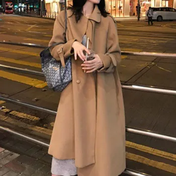 

2020 Autumn Winter Solid Color Women Long Overcoat Elegant Fashion Double-Breasted Casual Long Wool Blends Outerwear Female