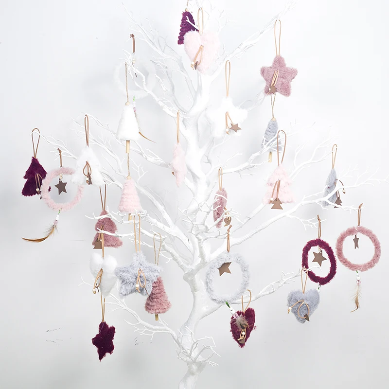 

5pcs/set Creative Plush Christmas Tree Hanging Pendant Pink White Heart Star Feather Ornament Christmas Decoration for Home Xmas