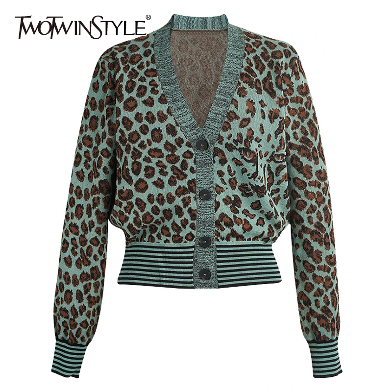 TWOTWINSTYLE Patchwork Hit Color Leopard Sweaters Female V Neck Long Sleeve Tunic Knitting Women's Sweater 2019 Fashion Clothing |