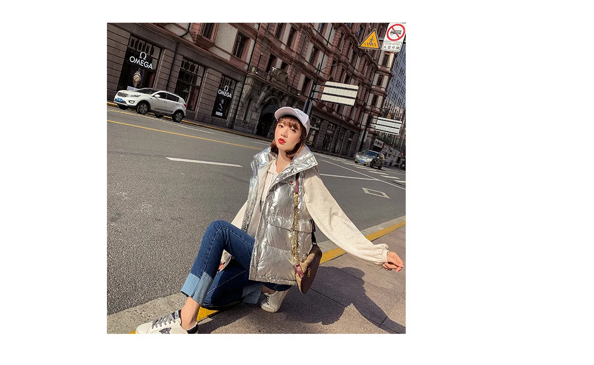 Autumn And Winter New Style Korean-style Stand Collar Loose-Fit Thick Bright Surface down Feather Cotton Vest Short Coat Wo