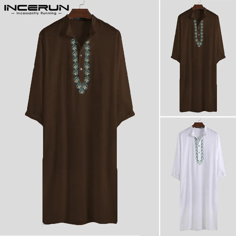 

INCERUN Men Muslim Kaftan Print Long Sleeve Retro Cotton Dubai Robes Islamic Middle East Arabic Abaya Jubba Thobe Men Plus Size