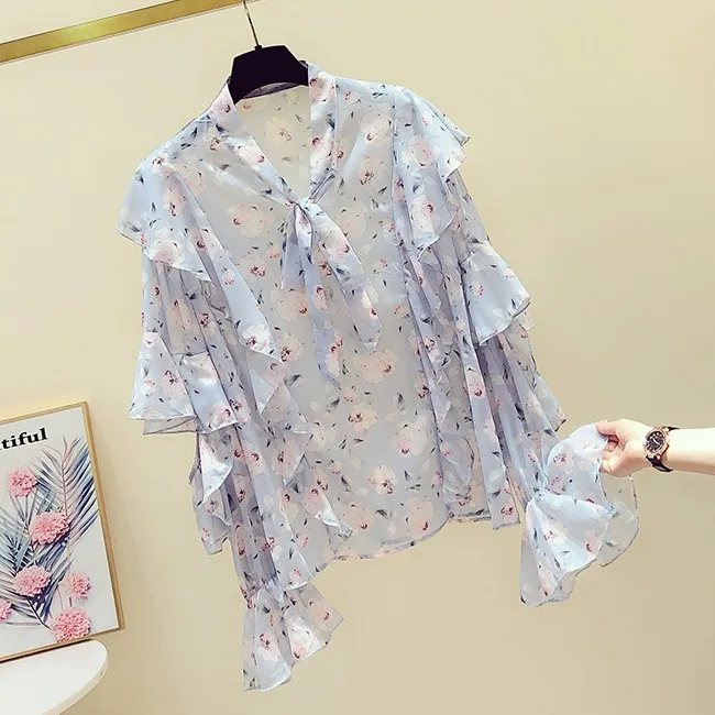 2020 Spring New Korean-Style Floral-Print Bow Tie Ruffle Bell-Sleeve Chiffon Shirt Women's Casual Chiffon Blouses Blusa Feminina - 4.00068E+12