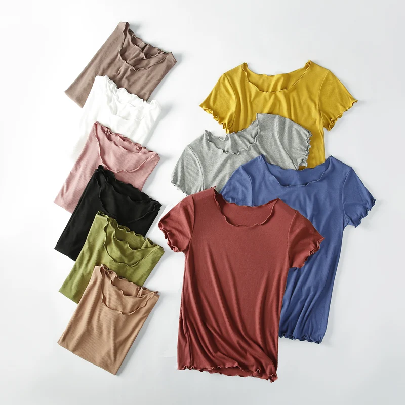 

Vintage Slim Ruffled Solid Spring Summer Cotton T-Shirt Casual Women T Shirt Top Tee Crop Harajuku Tops Thin Short Sleeve Tshirt