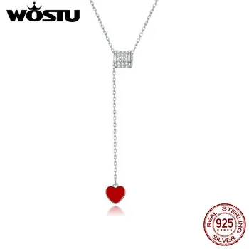 

WOSTU 925 Sterling Silver Elegant Loving Waist Necklace Red Heart Long Chain Link Necklace For Women Fashion Jewelry CQN424