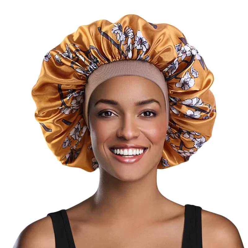 Women Satin Bonnet Cap Night Sleep Hair Head Cover Wide Band Adjust Elastic Hat 