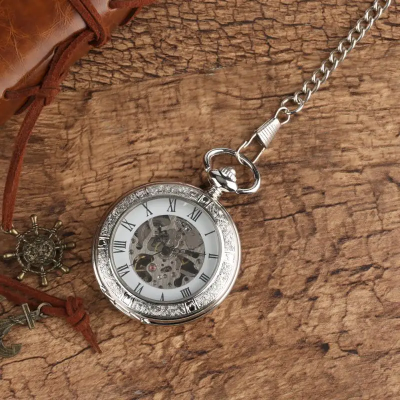 Luxury Silver Roman Numerals Display Skeleton Clock Men Women Hand Winding Mechanical  Pocket Watch Pendant Chain Half Hunter