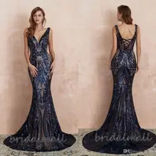Сексуальные темно-синие платья для выпускного вечера с блестками и v-образным вырезом, элегантные вечерние платья, недорогие Длинные платья для вечеринок и торжественных мероприятий