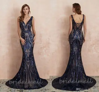 

2020 Sexy Navy Blue Sequins Mermaid Prom Dresses V Neck Elegant Formal Evening Dresses Cheap Long Party Pageant Gala Gowns vesti