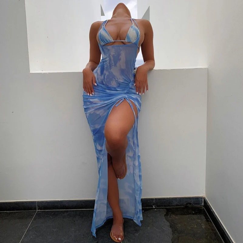 

2021 New Backless printed mesh Tunic Beach Dress and Bikini Set sexy women 3PCS/SET Cover Up Swimwear Set Beachwear