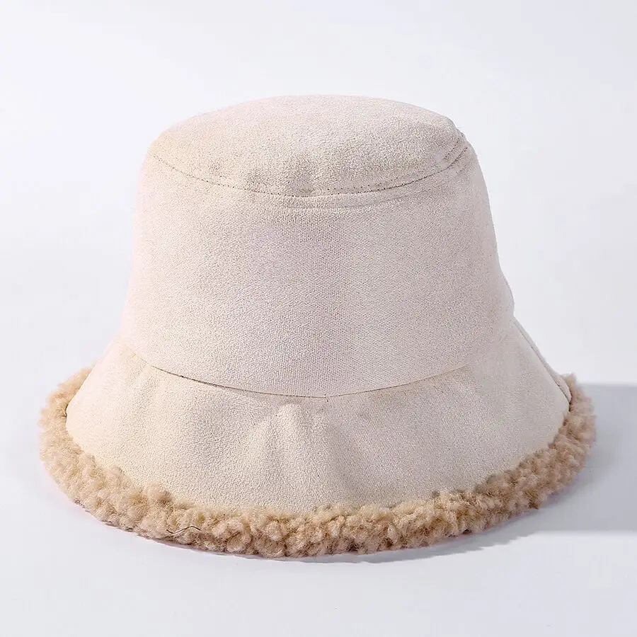 Winter Faxu Lambswool Bucket Hat For Women Thick Warm Flat Top Suede Fisherman's hat Panama Hat Girls Ear Protection Cap 11.11