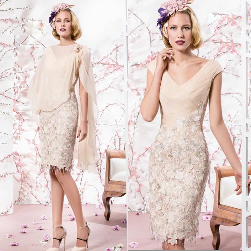 

Newest short appliques cap sleeve mother of the bride dresses with chiffon wrap Knee-Length bolero dresses MBD158